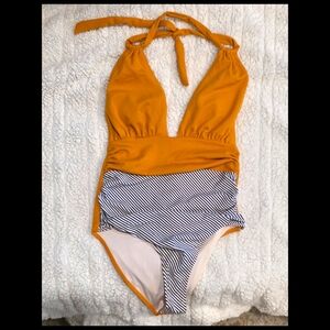 Cupshe Mustard and Striped Halter Swimsuit